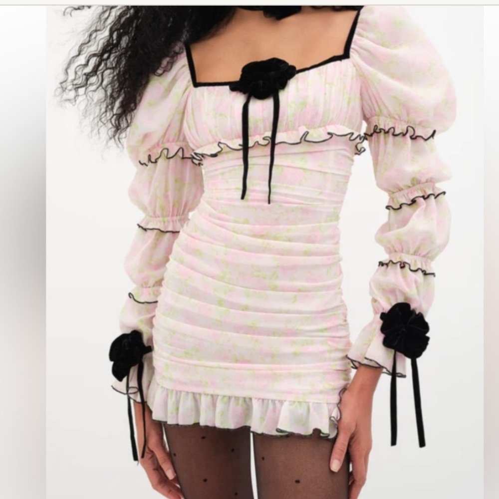 NWT For Love & Lemons Vivian Pink Floral Rouched Coquette Long Sleeve Dress XS